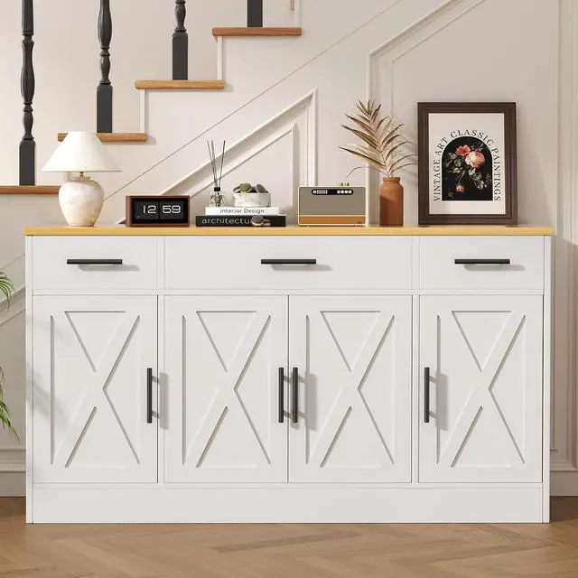 Alt view image 4 of 7 - Buffet Cabinet with Storage, Farmhouse Coffee Bar Cabinet with Drawers, 53 Large Modern Sideboard Buffet with Adjustable Shelves for Kitchen, Dining Room, White