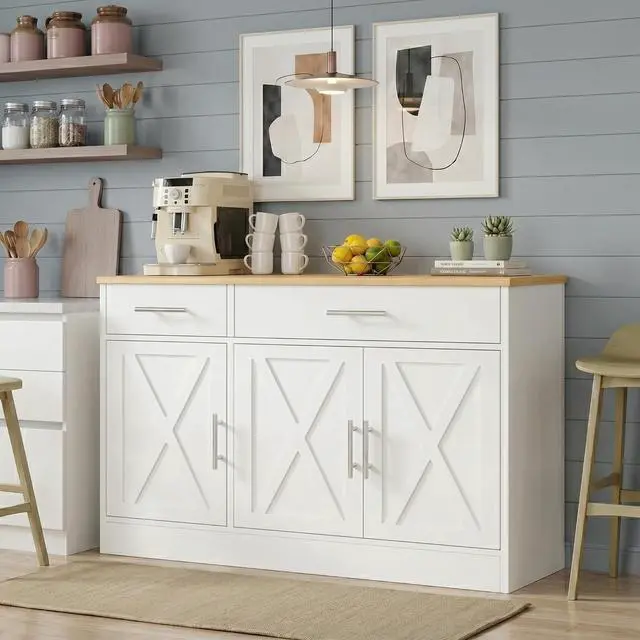 Main image of Buffet Cabinet with Storage, 43 Farmhouse Coffee Bar Cabinet with 3 Doors, Wood Buffet Table for Kitchen Dining Room Living Room, Off White