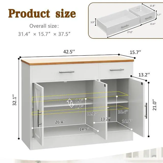 Alt view image 2 of 7 - Buffet Cabinet with Storage, 43 Farmhouse Coffee Bar Cabinet with 3 Doors, Wood Buffet Table for Kitchen Dining Room Living Room, Off White