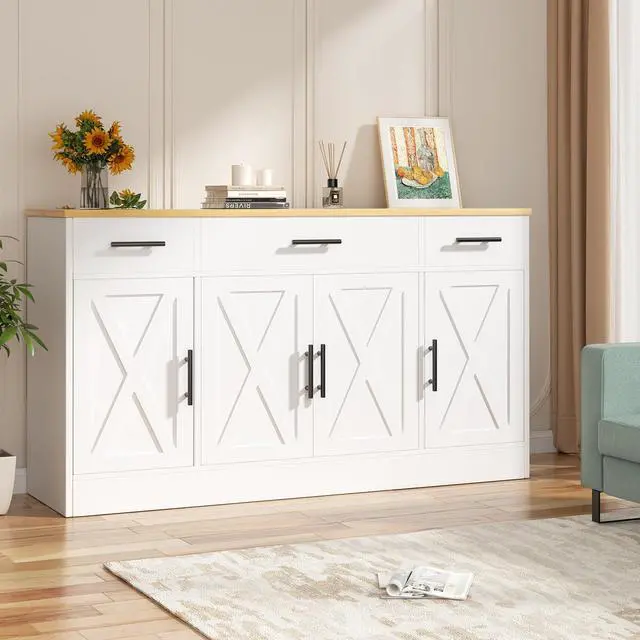 Alt view image 7 of 7 - Large Coffee Bar Cabinet with Storage, 53 Farmhouse Kitchen Storage Cabinet with 4 Doors and 3 Drawers, Wood Buffet Table for Kitchen, Dining Room, White
