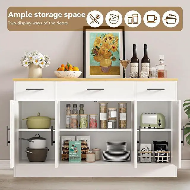 Alt view image 4 of 7 - Large Coffee Bar Cabinet with Storage, 53 Farmhouse Kitchen Storage Cabinet with 4 Doors and 3 Drawers, Wood Buffet Table for Kitchen, Dining Room, White