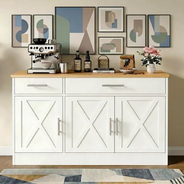 Alt view image 3 of 7 - Buffet Cabinet with Storage, 43 Farmhouse Coffee Bar Cabinet with 3 Doors, Wood Buffet Table for Kitchen Dining Room Living Room, Off White