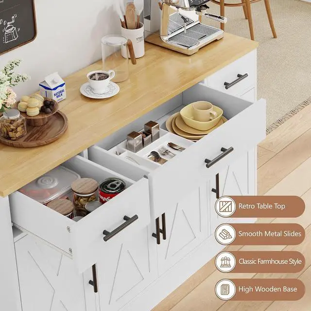 Alt view image 6 of 7 - Large Coffee Bar Cabinet with Storage, 53 Farmhouse Kitchen Storage Cabinet with 4 Doors and 3 Drawers, Wood Buffet Table for Kitchen, Dining Room, White