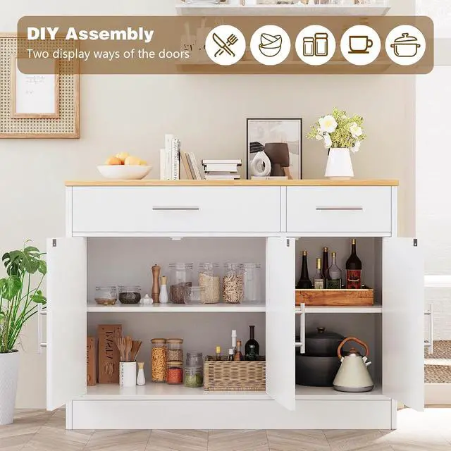Alt view image 4 of 7 - Buffet Cabinet with Storage, 43 Farmhouse Coffee Bar Cabinet with 3 Doors, Wood Buffet Table for Kitchen Dining Room Living Room, Off White