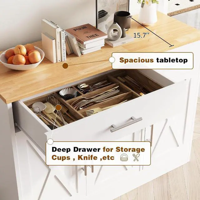 Alt view image 5 of 7 - Buffet Cabinet with Storage, 43 Farmhouse Coffee Bar Cabinet with 3 Doors, Wood Buffet Table for Kitchen Dining Room Living Room, Off White