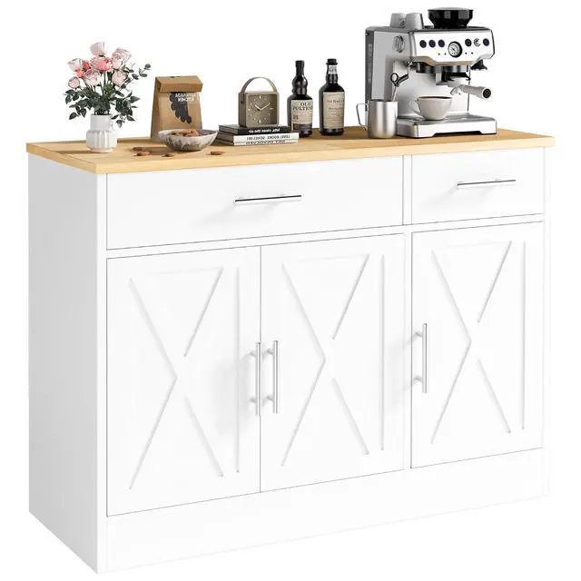 Alt view image 7 of 7 - Buffet Cabinet with Storage, 43 Farmhouse Coffee Bar Cabinet with 3 Doors, Wood Buffet Table for Kitchen Dining Room Living Room, Off White