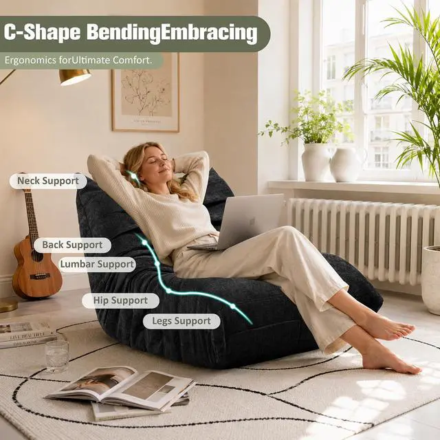 Alt view image 5 of 7 - Bean Bag Chair for Adults, Line Fabric Lazy Sofa Couch, Memory Foam Filled Bean Bag Lounge Chair Perfect for Living Room, Bedroom and Office, Black