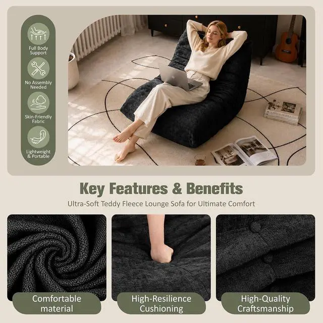 Alt view image 6 of 7 - Bean Bag Chair for Adults, Line Fabric Lazy Sofa Couch, Memory Foam Filled Bean Bag Lounge Chair Perfect for Living Room, Bedroom and Office, Black