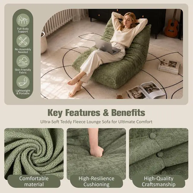 Alt view image 4 of 7 - Bean Bag Chair for Adults, Line Fabric Lazy Sofa Couch, Memory Foam Filled Bean Bag Lounge Chair Perfect for Living Room, Bedroom and Office, Green
