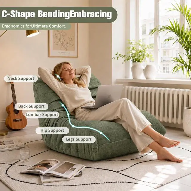 Alt view image 5 of 7 - Bean Bag Chair for Adults, Line Fabric Lazy Sofa Couch, Memory Foam Filled Bean Bag Lounge Chair Perfect for Living Room, Bedroom and Office, Green