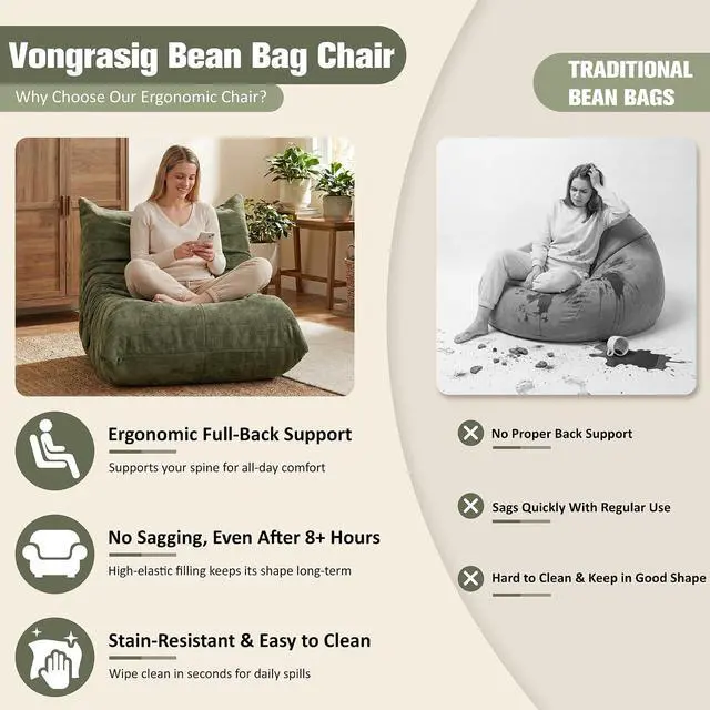 Alt view image 7 of 7 - Bean Bag Chair for Adults, Line Fabric Lazy Sofa Couch, Memory Foam Filled Bean Bag Lounge Chair Perfect for Living Room, Bedroom and Office, Green