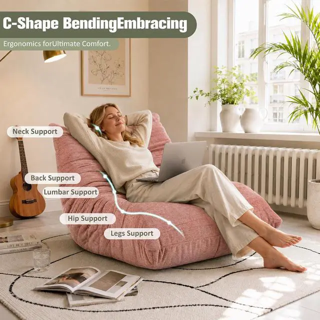 Alt view image 5 of 7 - Bean Bag Chair for Adults, Line Fabric Lazy Sofa Couch, Memory Foam Filled Bean Bag Lounge Chair Perfect for Living Room, Bedroom and Office, Pink