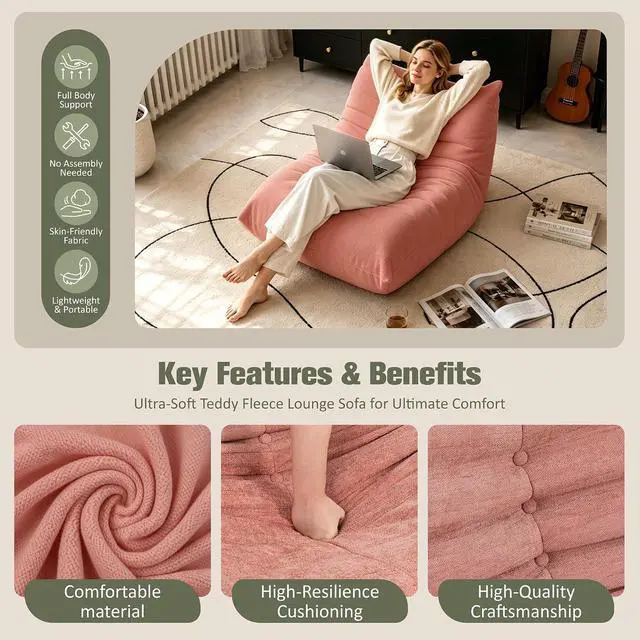 Alt view image 6 of 7 - Bean Bag Chair for Adults, Line Fabric Lazy Sofa Couch, Memory Foam Filled Bean Bag Lounge Chair Perfect for Living Room, Bedroom and Office, Pink