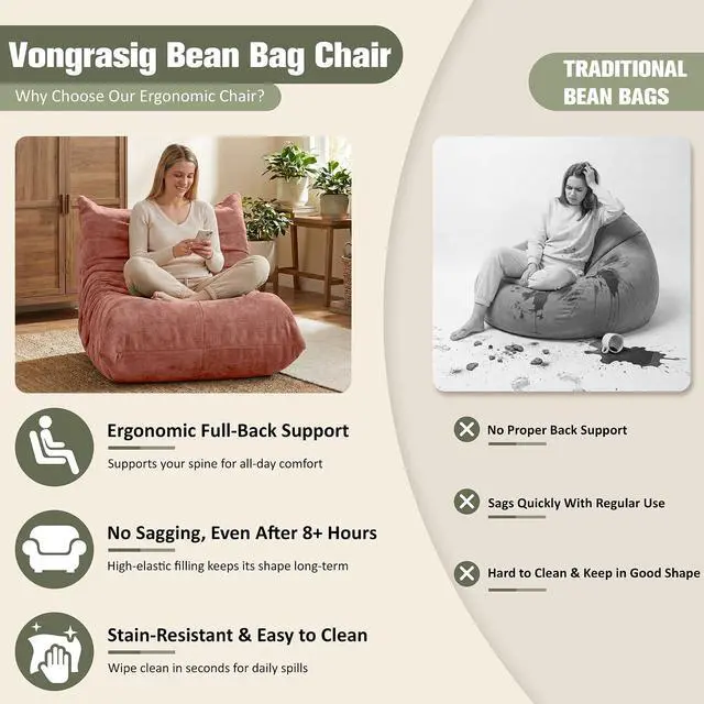 Alt view image 7 of 7 - Bean Bag Chair for Adults, Line Fabric Lazy Sofa Couch, Memory Foam Filled Bean Bag Lounge Chair Perfect for Living Room, Bedroom and Office, Pink