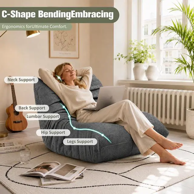 Alt view image 5 of 7 - Bean Bag Chair for Adults, Line Fabric Lazy Sofa Couch, Memory Foam Filled Bean Bag Lounge Chair Perfect for Living Room, Bedroom and Office, Grey