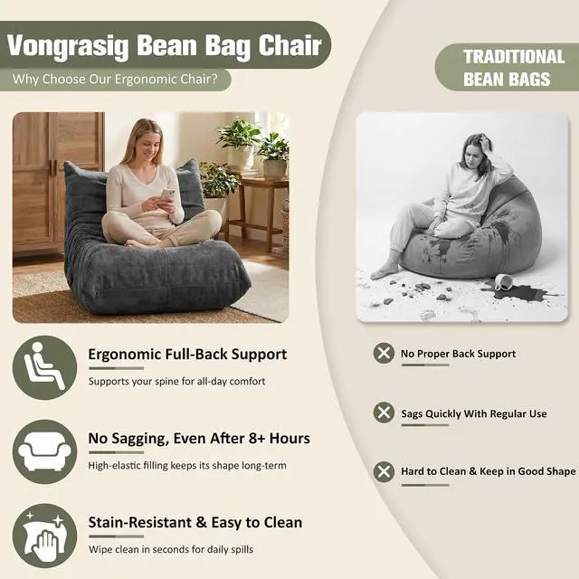 Alt view image 7 of 7 - Bean Bag Chair for Adults, Line Fabric Lazy Sofa Couch, Memory Foam Filled Bean Bag Lounge Chair Perfect for Living Room, Bedroom and Office, Grey