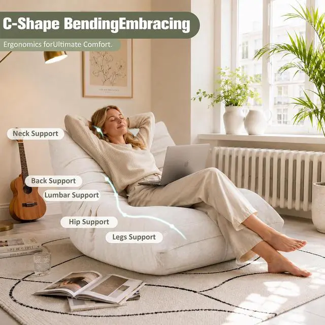 Alt view image 5 of 7 - Bean Bag Chair for Adults, Line Fabric Lazy Sofa Couch, Memory Foam Filled Bean Bag Lounge Chair Perfect for Living Room, Bedroom and Office, White