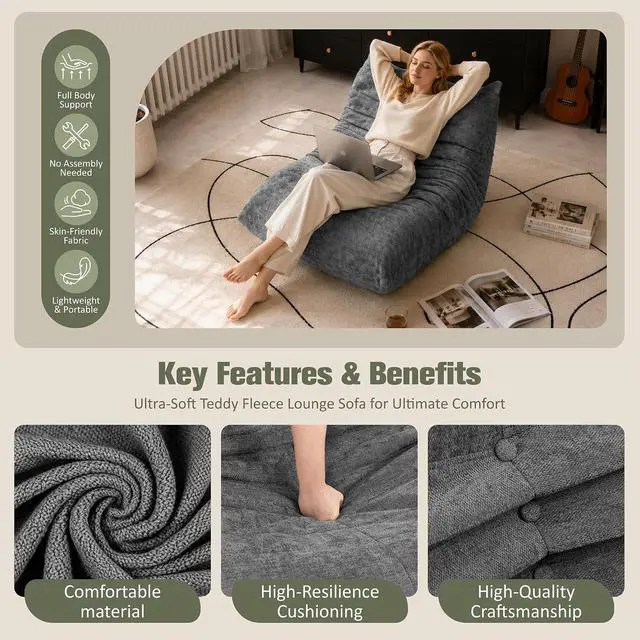 Alt view image 6 of 7 - Bean Bag Chair for Adults, Line Fabric Lazy Sofa Couch, Memory Foam Filled Bean Bag Lounge Chair Perfect for Living Room, Bedroom and Office, Grey