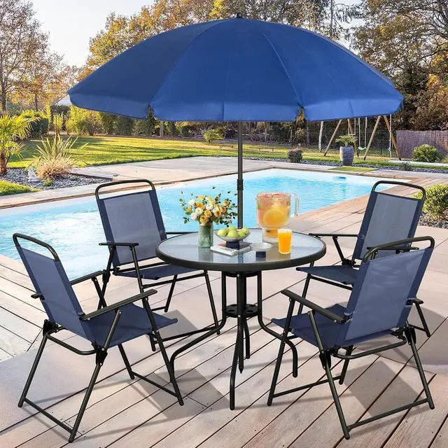 Alt view image 2 of 7 - 6 Pieces Folding Patio Dining Set, All Weather Small Metal Outdoor Table and Chair Set, Garden Patio Furniture Set w/Umbrella, Glass Table & 4 Folding Chairs for Lawn, Backyard, Blue