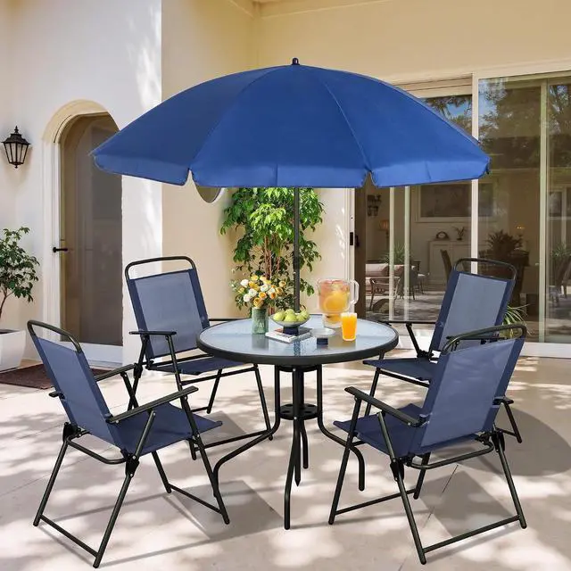 Main image of 6 Pieces Folding Patio Dining Set, All Weather Small Metal Outdoor Table and Chair Set, Garden Patio Furniture Set w/Umbrella, Glass Table & 4 Folding Chairs for Lawn, Backyard, Blue