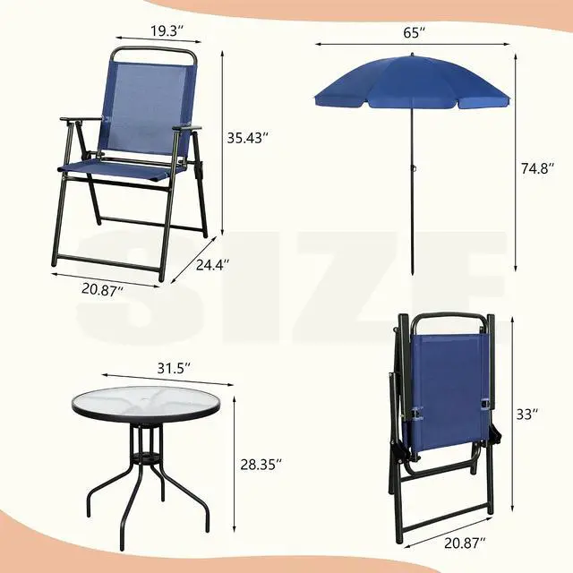 Alt view image 5 of 7 - 6 Pieces Folding Patio Dining Set, All Weather Small Metal Outdoor Table and Chair Set, Garden Patio Furniture Set w/Umbrella, Glass Table & 4 Folding Chairs for Lawn, Backyard, Blue
