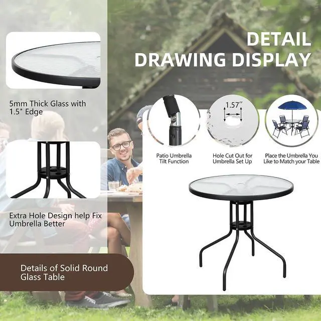 Alt view image 6 of 7 - 6 Pieces Folding Patio Dining Set, All Weather Small Metal Outdoor Table and Chair Set, Garden Patio Furniture Set w/Umbrella, Glass Table & 4 Folding Chairs for Lawn, Backyard, Blue