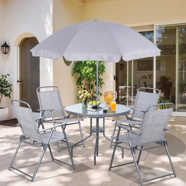 Main image of 6 Pieces Folding Patio Dining Set, All Weather Small Metal Outdoor Table and Chair Set, Garden Patio Furniture Set w/Umbrella, Glass Table & 4 Folding Chairs for Lawn, Backyard, Silver