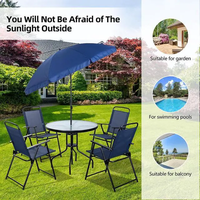 Alt view image 7 of 7 - 6 Pieces Folding Patio Dining Set, All Weather Small Metal Outdoor Table and Chair Set, Garden Patio Furniture Set w/Umbrella, Glass Table & 4 Folding Chairs for Lawn, Backyard, Blue