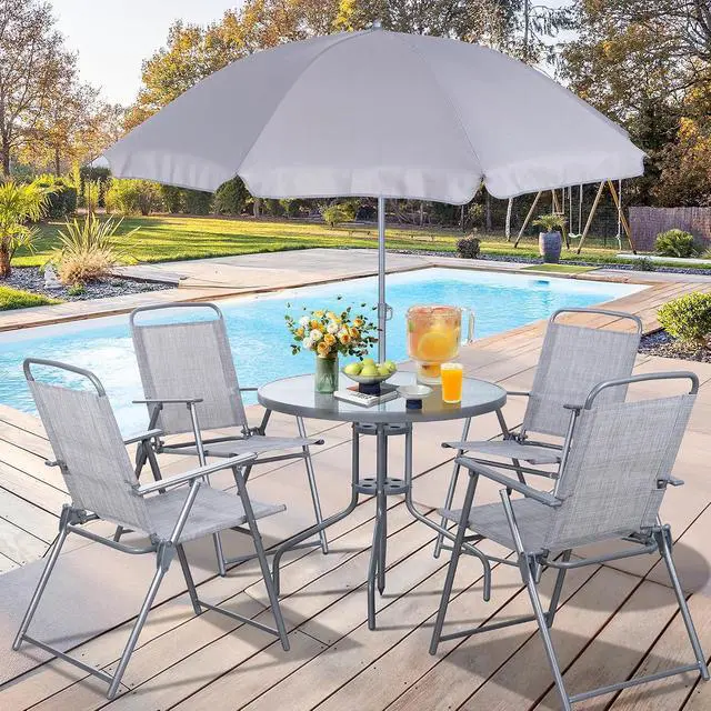 Alt view image 2 of 7 - 6 Pieces Folding Patio Dining Set, All Weather Small Metal Outdoor Table and Chair Set, Garden Patio Furniture Set w/Umbrella, Glass Table & 4 Folding Chairs for Lawn, Backyard, Silver