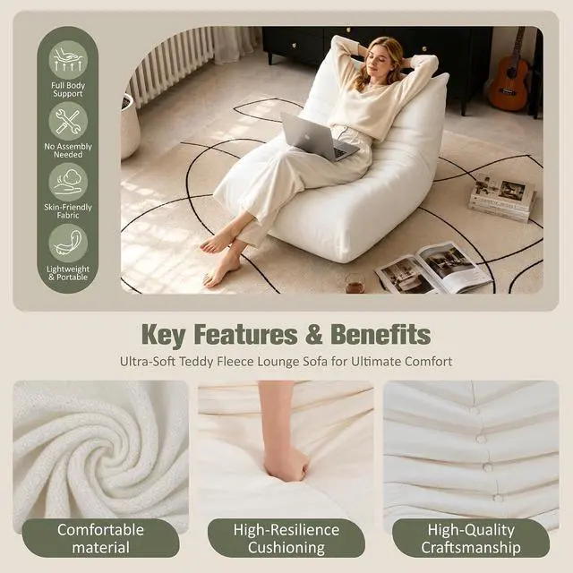 Alt view image 6 of 7 - Bean Bag Chair for Adults, Line Fabric Lazy Sofa Couch, Memory Foam Filled Bean Bag Lounge Chair Perfect for Living Room, Bedroom and Office, White