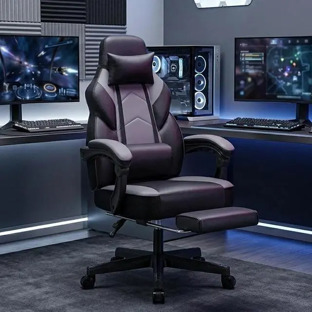 Alt view image 2 of 7 - Gaming Chair for Adults, Grey Video Game Chair with Footrest, Big and Tall Gaming Chair Heavy Duty Computer Chair with Massage Lumbar, Ergonomic Adjustable Height and 360° Swivel, PU Leather, Grey