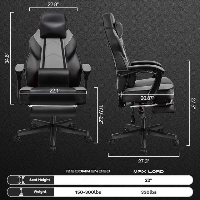 Alt view image 3 of 7 - Gaming Chair for Adults, Grey Video Game Chair with Footrest, Big and Tall Gaming Chair Heavy Duty Computer Chair with Massage Lumbar, Ergonomic Adjustable Height and 360° Swivel, PU Leather, Grey