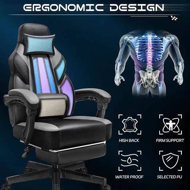 Alt view image 5 of 7 - Gaming Chair for Adults, Grey Video Game Chair with Footrest, Big and Tall Gaming Chair Heavy Duty Computer Chair with Massage Lumbar, Ergonomic Adjustable Height and 360° Swivel, PU Leather, Grey