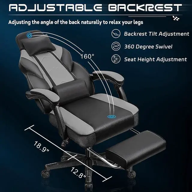 Alt view image 4 of 7 - Gaming Chair for Adults, Grey Video Game Chair with Footrest, Big and Tall Gaming Chair Heavy Duty Computer Chair with Massage Lumbar, Ergonomic Adjustable Height and 360° Swivel, PU Leather, Grey