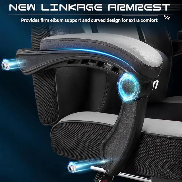 Alt view image 6 of 7 - Gaming Chair for Adults, Grey Video Game Chair with Footrest, Big and Tall Gaming Chair Heavy Duty Computer Chair with Massage Lumbar, Ergonomic Adjustable Height and 360° Swivel, PU Leather, Grey