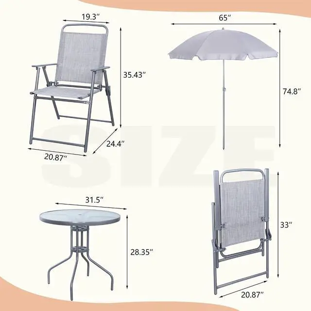 Alt view image 5 of 7 - 6 Pieces Folding Patio Dining Set, All Weather Small Metal Outdoor Table and Chair Set, Garden Patio Furniture Set w/Umbrella, Glass Table & 4 Folding Chairs for Lawn, Backyard, Silver