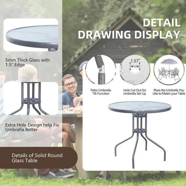 Alt view image 6 of 7 - 6 Pieces Folding Patio Dining Set, All Weather Small Metal Outdoor Table and Chair Set, Garden Patio Furniture Set w/Umbrella, Glass Table & 4 Folding Chairs for Lawn, Backyard, Silver