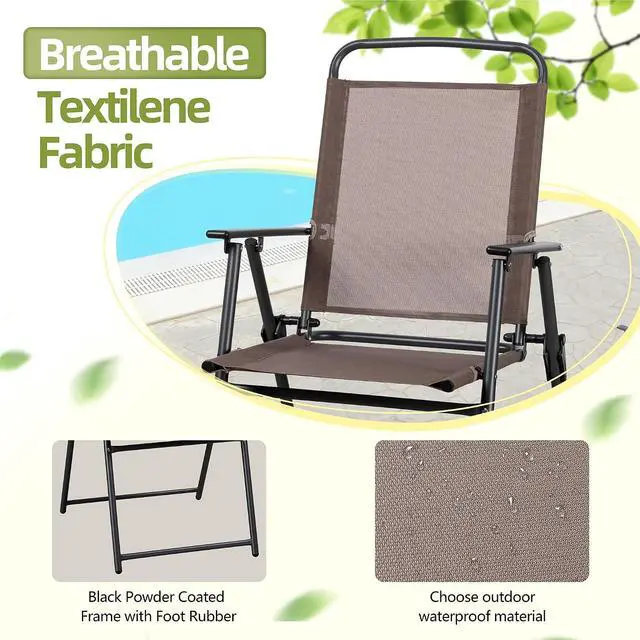 Alt view image 3 of 7 - 6 Pieces Folding Patio Dining Set, All Weather Small Metal Outdoor Table and Chairs Set, Patio Furniture Set w/Umbrella, Glass Table & 4 Folding Chairs for Garden, Lawn, Backyard, Brown