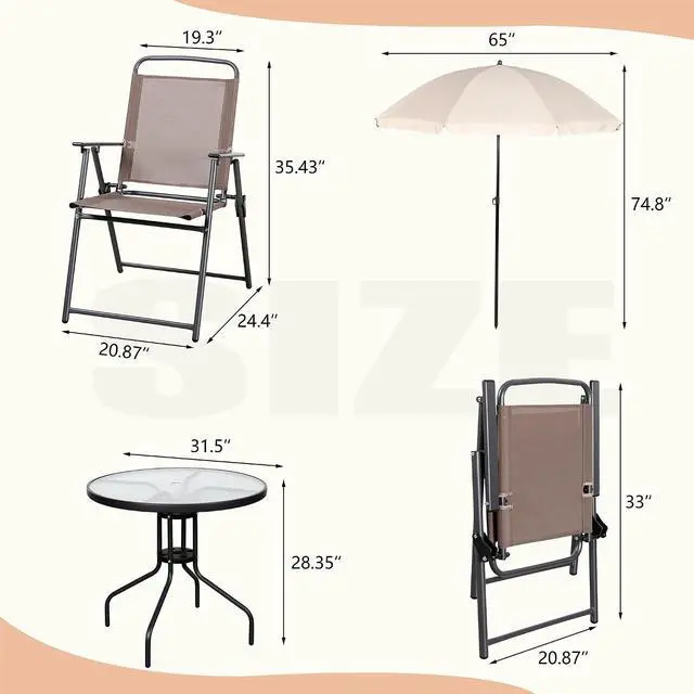 Alt view image 2 of 7 - 6 Pieces Folding Patio Dining Set, All Weather Small Metal Outdoor Table and Chairs Set, Patio Furniture Set w/Umbrella, Glass Table & 4 Folding Chairs for Garden, Lawn, Backyard, Brown