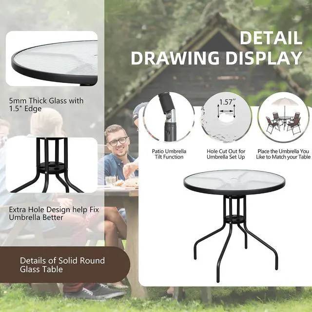 Alt view image 5 of 7 - 6 Pieces Folding Patio Dining Set, All Weather Small Metal Outdoor Table and Chairs Set, Patio Furniture Set w/Umbrella, Glass Table & 4 Folding Chairs for Garden, Lawn, Backyard, Brown