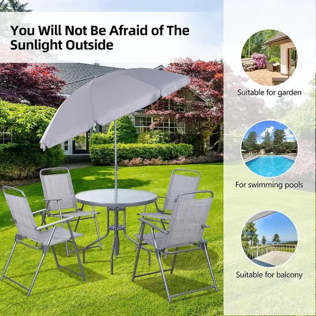 Alt view image 7 of 7 - 6 Pieces Folding Patio Dining Set, All Weather Small Metal Outdoor Table and Chair Set, Garden Patio Furniture Set w/Umbrella, Glass Table & 4 Folding Chairs for Lawn, Backyard, Silver