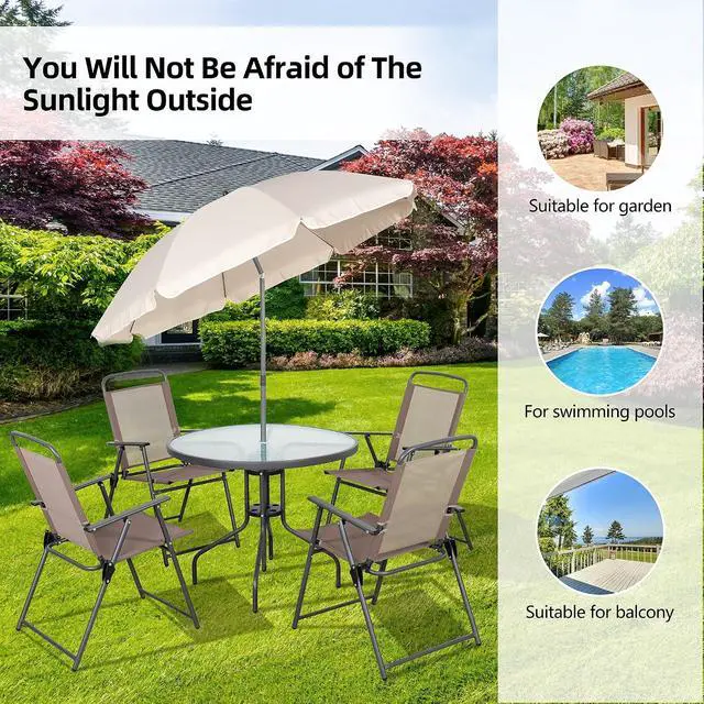 Alt view image 6 of 7 - 6 Pieces Folding Patio Dining Set, All Weather Small Metal Outdoor Table and Chairs Set, Patio Furniture Set w/Umbrella, Glass Table & 4 Folding Chairs for Garden, Lawn, Backyard, Brown