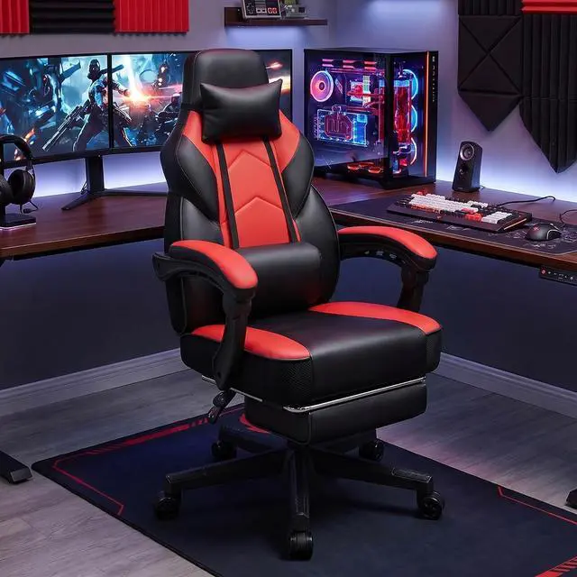 Alt view image 2 of 7 - Gaming Chair for Adults, Video Game Chair with Footrest, Big and Tall Gaming Chair Heavy Duty Computer Chair with Massage Lumbar, Ergonomic Adjustable Height and 360° Swivel Seat, PU Leather, Red