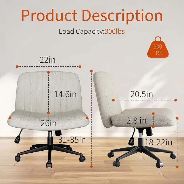 Alt view image 2 of 6 - Criss Cross Chair with Wheels, 26" Wide Cross Legged Office Chair with Adjustable Height, Armless Fabric Swivel Vanity Chair for Home Office, Bedroom, Makeup & Long Hours Sitting (Beige)