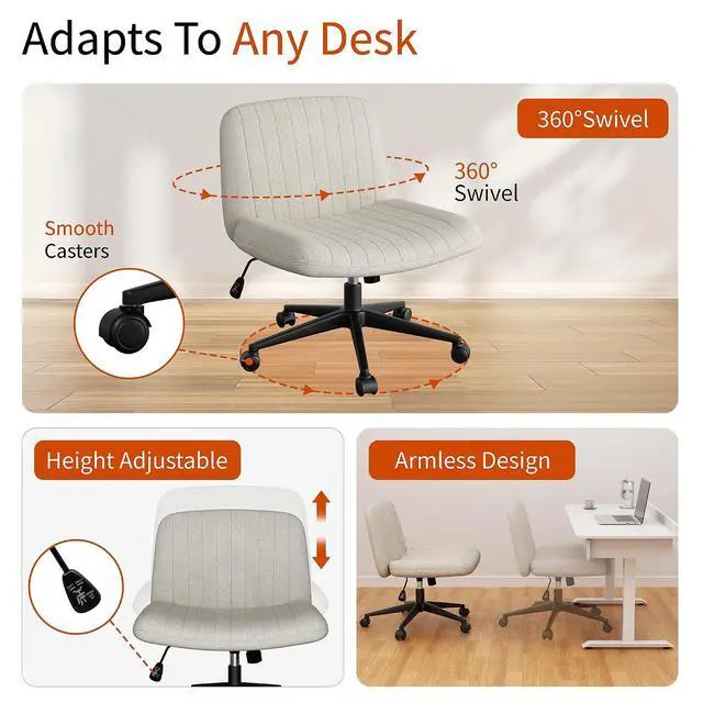 Alt view image 4 of 6 - Criss Cross Chair with Wheels, 26" Wide Cross Legged Office Chair with Adjustable Height, Armless Fabric Swivel Vanity Chair for Home Office, Bedroom, Makeup & Long Hours Sitting (Beige)