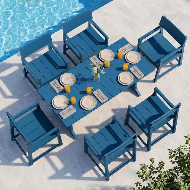 Main image of 7 Pieces Patio Dining Set, All Weather Outdoor HDPE Dining Furniture Set with Table and Chairs for 6, Patio Furniture Set with Umbrella Hole for Lawn, Backyard, Poolside, Blue