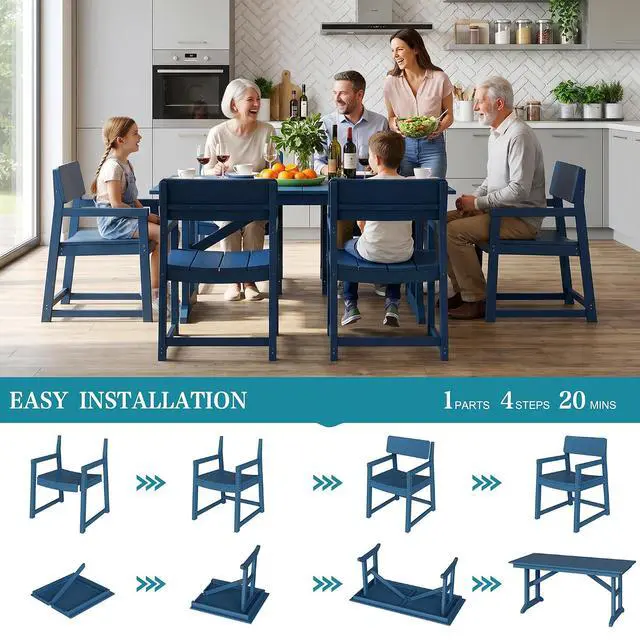 Alt view image 7 of 7 - 7 Pieces Patio Dining Set, All Weather Outdoor HDPE Dining Furniture Set with Table and Chairs for 6, Patio Furniture Set with Umbrella Hole for Lawn, Backyard, Poolside, Blue