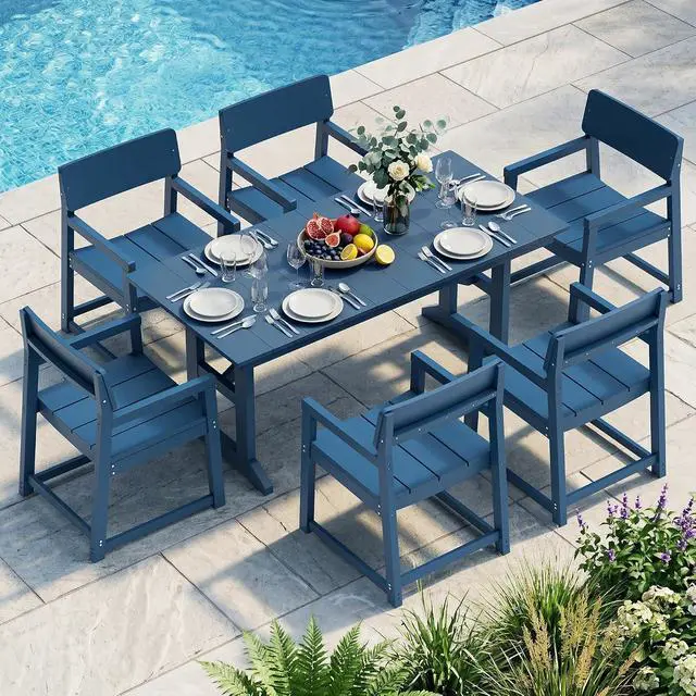 Alt view image 3 of 7 - 7 Pieces Patio Dining Set, All Weather Outdoor HDPE Dining Furniture Set with Table and Chairs for 6, Patio Furniture Set with Umbrella Hole for Lawn, Backyard, Poolside, Blue
