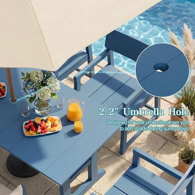 Alt view image 5 of 7 - 7 Pieces Patio Dining Set, All Weather Outdoor HDPE Dining Furniture Set with Table and Chairs for 6, Patio Furniture Set with Umbrella Hole for Lawn, Backyard, Poolside, Blue
