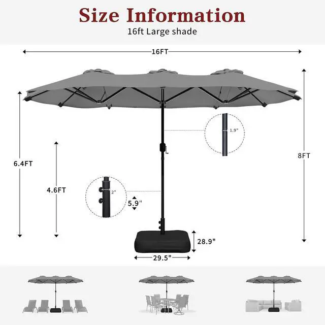 Alt view image 2 of 7 - 15FT Large Patio Umbrella with Base Included, Outdoor Double sided Umbrellas with Crank Handle, Rectangle Table Umbrella for Pool Lawn Garden Market